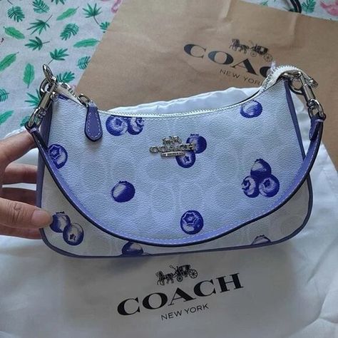 Teri Shoulder Bag In Signature Canvas With Blueberry Print Blueberry Print, Pink Coach Purses, W Signature, Authentic Bags, Signature Canvas, Leather Mary Janes, Cute Little Things, Coach Leather, Coach Purses