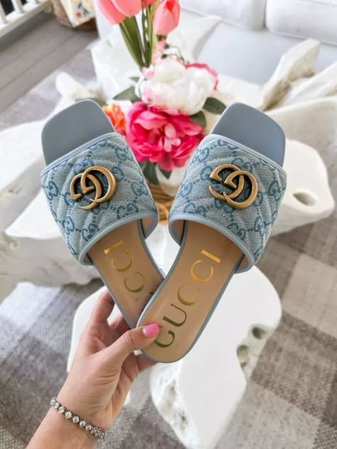 Spring Summer Shoes, Cute Slides, Gucci Slides, Pretty Sandals, Leather Thong Sandals, Girly Shoes, Shoes Blue, Open Toe Shoes, Denim Accessories