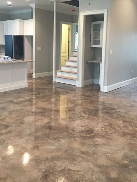 Concrete Floor Remodel, Staining Concrete Basement Floors, Pretty Concrete Floors, Concrete Floors With Wood Cabinets, Painted Concrete Flooring Ideas, Concrete Stained Floors Living Room, Cement Stained Floors, Interior Design With Concrete Floors, Stain Cement Floor