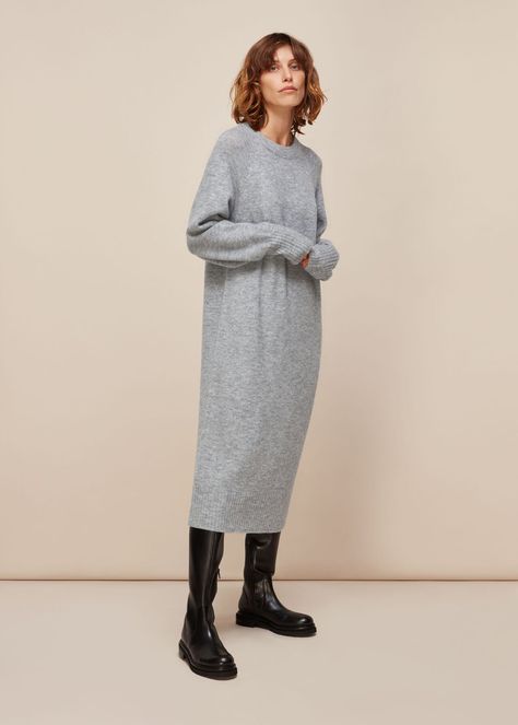 Long Grey Dress Casual, Knitted Dress Outfit, Work From Home Outfit Ideas, Midi Dress Outfit, Work From Home Outfit, Grey Knit Dress, Transitional Dressing, Wool Knitted Dress, Sweater Dress Outfit