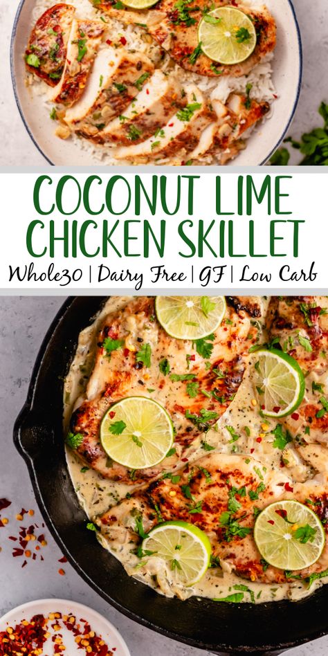 This Whole30 coconut lime chicken skillet is a gluten free, dairy free, and paleo chicken recipe that is made all in one pan! The creamy coconut sauce and chicken breasts are perfectly seasoned with lime, onion, cilantro and garlic. It all comes together in about 30 minutes, and is great for an easy Whole30 dinner that's family friendly, or a healthy meal prep recipe for lunches during the week. #coconutchicken #whole30chicken #whole30skillet #onepanmeal Coconut Cream Chicken, Chicken Recipes Dairy Free, Coconut Chicken Recipe, Coconut Milk Chicken, Cilantro Recipes, Lime Chicken Recipes, Coconut Lime Chicken, Dairy Free Low Carb, Cilantro Chicken