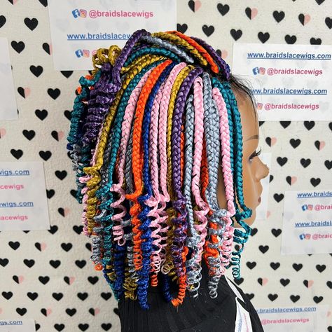 Multi Color Short Curly Box Braids Wig... To order click on the link 👉 www.braidslacewigs.com . . . . . . . . . . . . . . . . . . #shortcurlyhair #curlywig #curlyhairdontcare #braidedwigs #braids #braidedhairstyles #curlycommunity #braidedwig #braidstyles #curlybeauty #curlygirlmethod #blackgirlmagic #multicoloured #curledhair #blackgirlhairstyles #curlcrush #wigsforblackwomen #hairinspiration #wiglife #braidwig #curlfriends #curledbraids #wigshop #fulllacewigs #curly #bohobraids #curlspecia... Calico Hair Braids, Multicolor Box Braids, Box Braids Short, Curly Box Braids, Dreads Diy, Hairstyles Crochet, Ombre Box Braids, Braids Short, Rainbow Braids