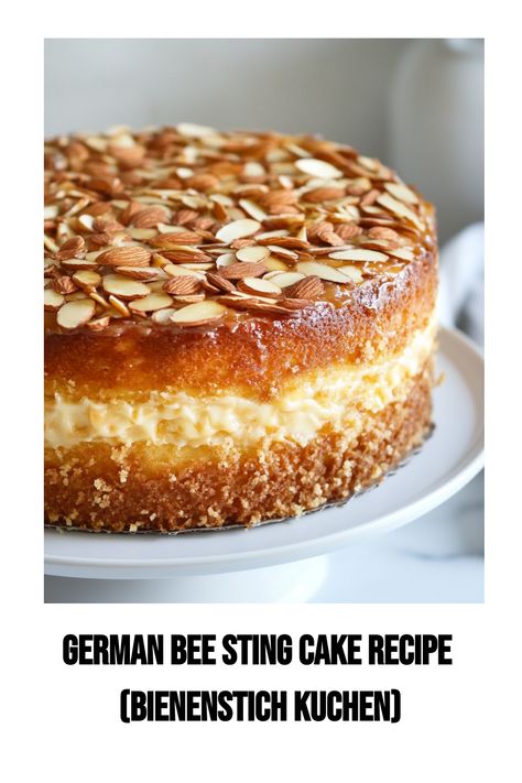 Discover how to make an authentic German Bee Sting Cake (Bienenstich Kuchen) with a light yeast dough, creamy vanilla filling, and honey almond topping. A classic dessert perfect for Kaffee und Kuchen! Bee Sting Delight Dessert, German Honey Cake, German Traditional Food, Desserts From The 1970's, German Food Authentic Desserts, German Sweets Recipes, New Zealand Dessert Recipes, German Christmas Cake, German Birthday Cake