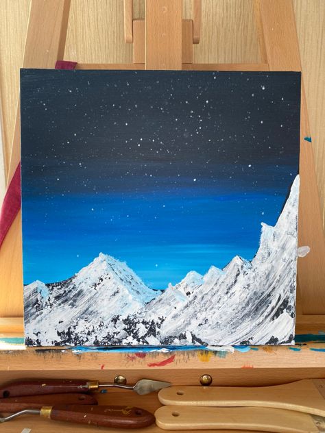 Snow Mountain Painting Easy, Acrylic Mountains, Mountains Art Painting, Mountains At Night, Acryl Painting, Moonlight Painting, Mountain Painting, Paint Night, Art Journal Therapy