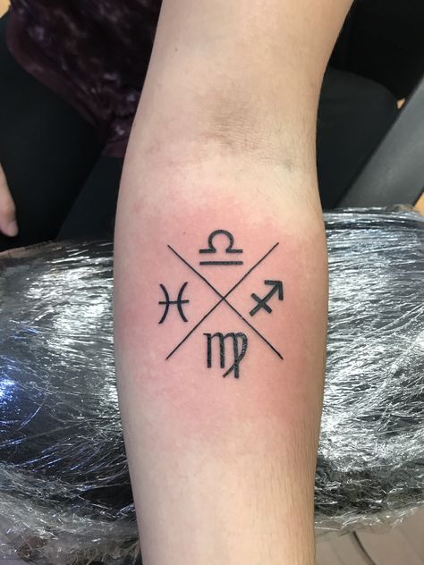 All of my siblings zodiac signs Sibling Zodiac Sign Tattoos, Family Horoscope Tattoo, Multiple Zodiac Sign Tattoos, Family Zodiac Sign Tattoos, Family Astrology Tattoo, Family Zodiac Tattoos Ideas, Zodiac Family Tattoo, Sibling Symbols, Family Zodiac Tattoos