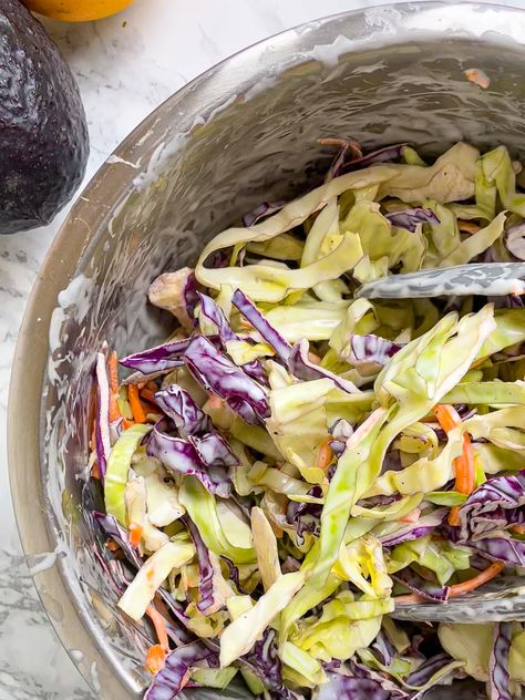 Slaw for Fish Tacos | Creamy and Tangy Slaw Fish Taco Coleslaw Recipe, Fish Taco Cabbage Slaw, Cabbage Slaw For Tacos, Tangy Coleslaw Recipe, Mango Slaw Recipes, Slaw For Tacos, Fish Taco Salad, Fish Taco Recipes, Seasoning For Fish