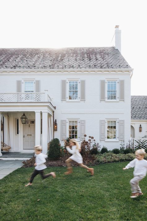 White Colonial House, Colonial Remodel, Ivory Drapes, I Always Come Back, White Colonial, Colonial House Exteriors, Shutter Colors, White Exterior Houses, Kitchen And Dining Area