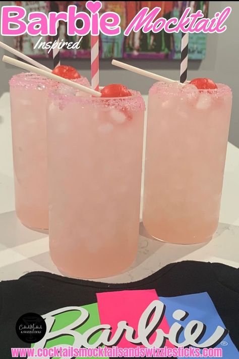 this image shows three pink drinks with a pink rim with pink and black striped straws with pink starburst suckers with a barbie shirt in front of them. Watch Party Food, Screen Play, Candy Drinks, Barbie Inspired, Barbie Birthday Party, Pink Drink, Party Pops, Pink Barbie, Barbie Birthday