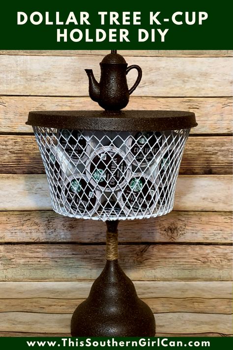 Easy Dollar Tree K-Cup Holder Cup Holder Diy, Dollar Tree Kitchen Decor, Dollar Tree Kitchen, K Cup Holders, Dollar Store Diy Projects, Christmas Gift Basket Ideas, Diy Dollar Tree Decor, Dollar Tree Christmas, Dollar Tree Decor