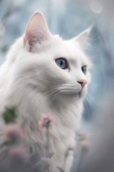 a close up photography of a white cat with blue eyes in blue and flowers background. White Cat Photography, White Cat Wallpaper, White Cat Aesthetic, Cats With Blue Eyes, Blue Eyed Cat, Cat Breeds List, Blue Eyes Aesthetic, All Cat Breeds, Cats Of The World