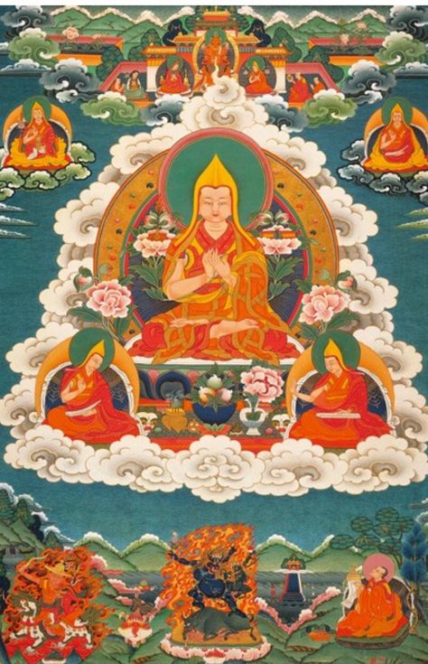 Je Tsongkapa Sons and Protectors. His tradition later became known as the new Kadampa, Gelug, or Ganden Tradition. The painting depicts Je Tsongkhapa and his two spiritual sons – Gyaltsabje on his right and Khedrupje on his left – on a mass of clouds emanating from the heart of Buddha Maitreya in Tushita Pure Land. Below in the centre is the Dharma Protector Kalarupa and to his right is the Dharma Protector Dorje Protector. Mount Meru, Buddhism Symbols, Arte Yoga, Buddhist Teachings, Buddhist Traditions, Gautama Buddha, Thangka Painting, Ancient Mythology, Tibetan Art