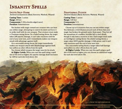 Here are two of the offensive illusion and enchantment spells found in D&D Unleashed, intended to help players and DMs build mages that don’t have to discard their theme just to deal damage.  D&D Unleashed is free and fanmade. See more (including the full article for these spells) at dndunleashed.com, or follow @EvilBenevolent on twitter for the newest updates and answers to questions. You can also find these spells in the homebrew section on D&D Beyond! #dnd #dnd5e #dndhomebrew Enchantment Spells, Warlock Spells, Dungeons And Dragons Rules, Dnd Classes, Magic System, Dungeons And Dragons Classes, Writing Fantasy, Dnd 5e Homebrew, Dnd Dragons