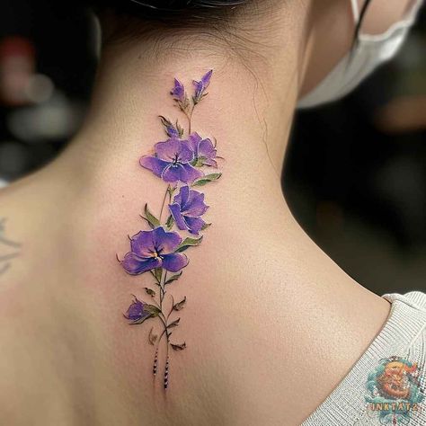 Birth Flower For July, Flower For July, Larkspur Flower Tattoos, Pink Flower Tattoos, Larkspur Tattoo, July Birth Flower, Larkspur Flower, Intricate Tattoo, Religious Tattoos