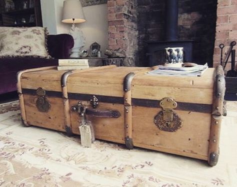 Trunks As Coffee Tables, Suitcase Coffee Table, Antique Trunk As Coffee Table, Wooden Suitcase, Vintage Trunk Coffee Table, Vintage Metal Trunk Coffee Table, Vintage Wooden Trunk, Bay Window Living Room, Wooden Trunk