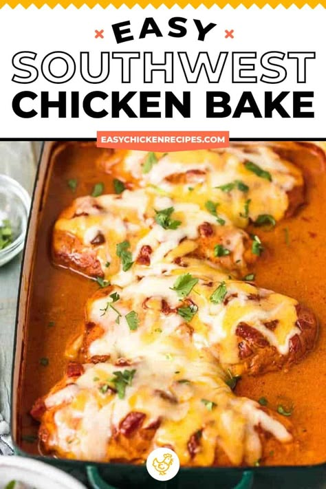 This Southwest Chicken Bake is an easy chicken dinner perfect for any night of the week. This easy chicken recipe for dinner with few ingredients makes it so you have the most delicious chicken dinner, with none of the stress. This creamy, cheesy baked chicken recipe is covered in enchilada sauce for a Tex-Mex inspired meal the whole family will love! #chicken #chickenrecipe #easychickenrecipes Southwest Chicken Bake, Mexican Chicken Breast Recipes, Mexican Chicken Bake, Creamy Enchilada, Baked Chicken Casserole, Easy Baked Chicken Breast, Easy Chicken Recipe, Delicious Chicken Dinners, Recipes With Enchilada Sauce