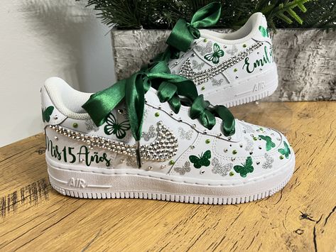 Quinceanera Shoes Sneakers Green, Emerald Green Quince Shoes, Quince Surprise Dance Outfits, Quince Heels, Emerald Green Quinceanera Theme, Quince Shoes, Emerald Green Shoes, Surprise Dance Outfits, Green Quinceanera Theme