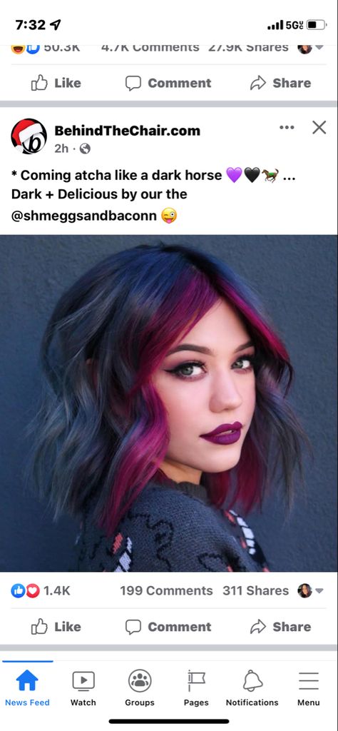 Neon Hair Highlights, Plum Red Hair, Purple Hair Streaks, Hair Color Ideas For Brunettes Short, Hair Color Placement, Short Purple Hair, Funky Hair Colors, Pale Skin Hair Color, Hair Color For Brown Skin