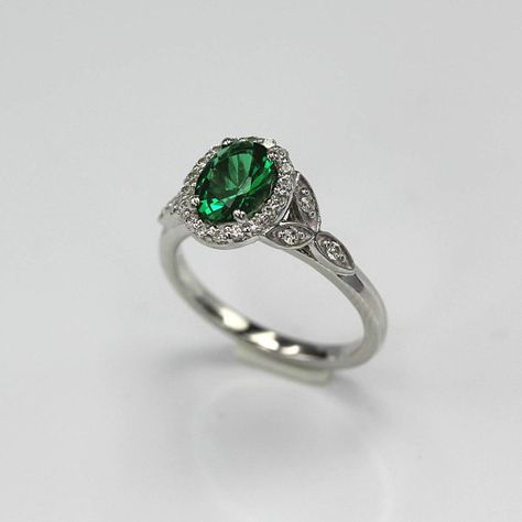 Art Deco Floral 2.0Ct. Oval Ofelia Emerald Sterling Silver Engagement Ring- Wedding, Anniversary, Pr Simulated Diamond Rings Engagement, Green Emerald Engagement Ring, Emerald Engagement Ring Green, Engagement Ring Types, Deco Rings, Engagement Ring Halo, Celtic Engagement Rings, Art Deco Floral, Simulated Diamond Rings