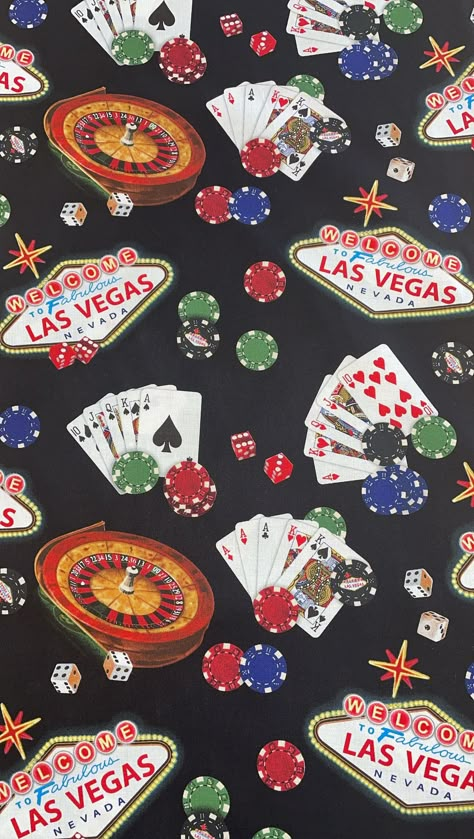 "\"Welcome to Las Vegas\" Themed 100% Cotton Black Fabric with casino graphics.   Sold by the yard, 45\" wide. Minimum 1 yard cut, no half yardage." Retro Las Vegas Aesthetic, Casino Theme Background, Retro Vegas Aesthetic, Las Vegas Color Palette, Casino Night Aesthetic, Las Vegas Graphic Design, Casino Collage, Casino Night Decor, Casino Graphic Design