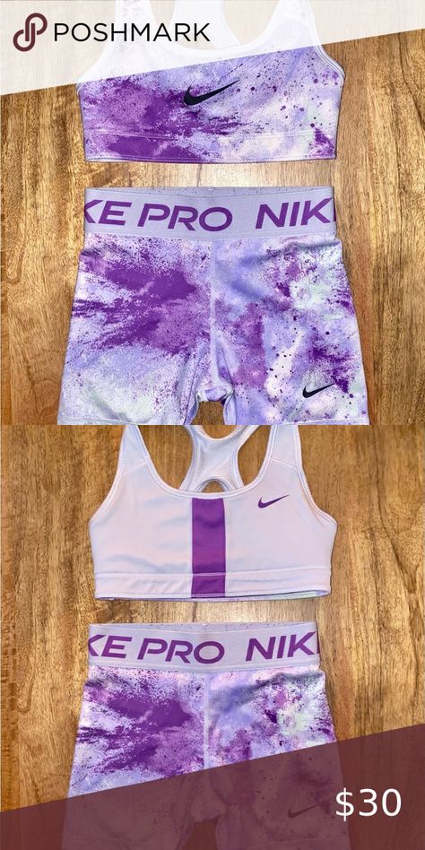 Girls Nike Pro Purple Tie Dye Set - medium shorts, small reversible sports bra Nike Pro Shorts Women, Nike Sets, Aesthetic Clouds, Cheer Practice, Cute Workout Clothes, Sports Outfits, Sports Bra Set, Girls Nike, Nike Pro Shorts