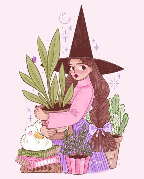 Plant witch and her duck familiar🌿🦆💖 Thank you so much again for all of your orders and amazing support during the sh0p update last… | Instagram Halloween In Spring, Marigona Suli, Witch Artwork, Plant Witch, Have A Wonderful Sunday, Dragon Stickers, Journal Images, Spring Halloween, Cartoon Witch