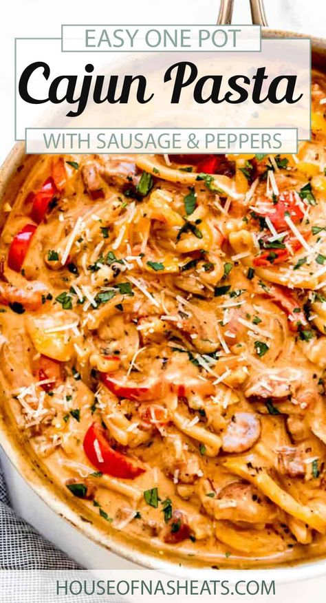 Creamy and spicy Cajun Pasta with Sausage is an easy dinner recipe you'll come back to over and over again. Prep takes just 15 minutes, and it's perfect for a crowd or leftovers and lunches throughout the week. You won't be able to get enough of the Cajun flavor in this easy pasta dinner! #cajun #pasta #sausage #peppers #andouille #easy #dinner #weeknight #creamy #creole Pasta With Sausage And Peppers, Spicy Cajun Pasta, Cajun Pasta With Sausage, Andouille Sausage Pasta, Sausage And Peppers Pasta, Cajun Sausage Pasta, Andouille Sausage Recipes, Jambalaya Pasta, Sausage Dinner