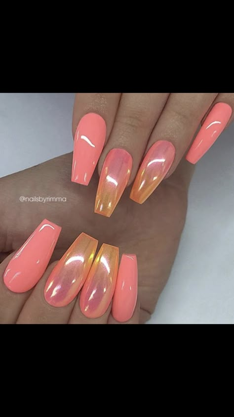 Acrylic Nails Pink Chrome, Coral Ombre Nails, Chrome Coffin, Silver Nail Designs, Nails Ombre, Peach Nails, Chrome Nails Designs, Coral Nails, Vibrant Nails