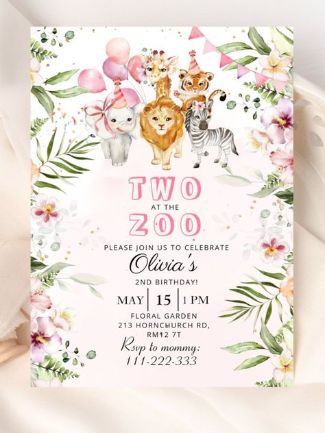 Two at the zoo safari birthday invitation Girl Safari birthday invitation. Two at the zoo birthday invitation! #safari #birthday #happybirthday #birthdaycards #birthdayparty #zoo #2ndbirthday #animal Wild One Safari Birthday, One Safari Birthday, Tropical Birthday Invitations, Safari Birthday Invitation, Rainbow Balloon Arch, Birthday Ecard, Zoo Birthday Party, 2nd Birthday Party For Girl, Wild One Birthday Invitations