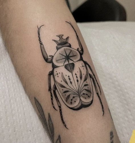 Tattoo Inner Elbow, Tattoos Elbow, Tattoo On Elbow, Bug Tattoo Ideas, Tattoo Ideas Arm, Scarab Tattoo, Beetle Tattoo, Insect Tattoo, Bug Tattoo