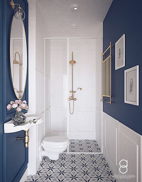 Navy Bathroom Decor, Dark Blue Bathrooms, Blue Bathrooms Designs, Navy Blue Bathrooms, Navy Bathroom, Blue Bathroom Decor, Victorian Bathroom, Small Bathroom Makeover, Downstairs Bathroom