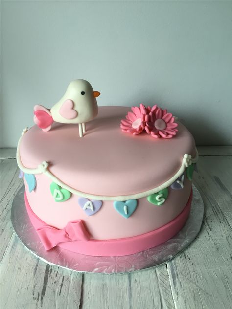 Daisy and bird first birthday cake Bird First Birthday, Bird Birthday Cake, Birthday Cake Girl, Kiwi Cake, Children Cake, Girl Birthday Cake, Bird Cake Toppers, 6th Birthday Cakes