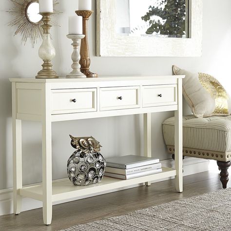 Ashington Console Table - Antique White | Pier 1 Imports Small White Sofa, White Entry Table, Bedroom Tables, Entrance Hall Tables, Small White Console Table With Drawers, White Sofa Table, Diy Entry Table, Entrance Table Decor, Compact Furniture