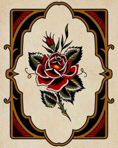 Classic American Traditional Rose. Colorado Springs tattoo. Antique traditional tattooing. Traditional Rose With Banner Tattoo, Frame Border Tattoo, American Traditional Art Paintings, Traditional Tattoo Frame Design, American Traditional Line Work, American Traditional Frame Tattoo, Ornamental Frame Tattoo, American Traditional Border, American Traditional Painting