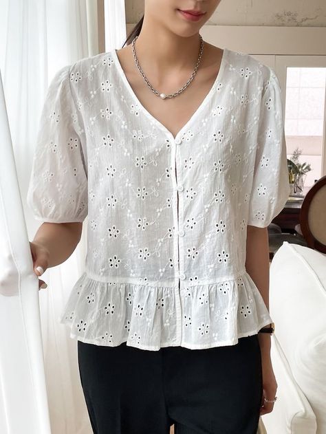 Linen Tops Designs, Chikan Tops Cotton, Short Blouses For Women, White Top Design For Women, Short Top Designs For Women Cotton, Eyelet Blouse Outfit, Cotton Tops Designs Casual, White Cotton Lace Blouse, Top Designs For Women