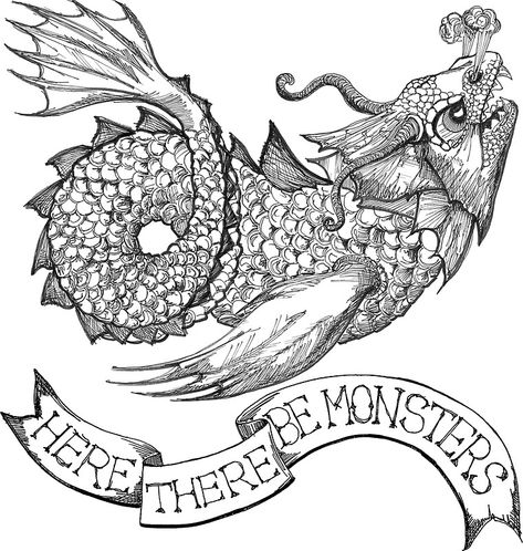 Here There Be Monsters - Black by SAITKEN Sea Monsters Drawing, Sea Monster Art, Mythical Sea Creatures, Scrimshaw Art, Monster Tattoo, Medieval Tattoo, Sea Tattoo, Story Aesthetic, Pirate Halloween