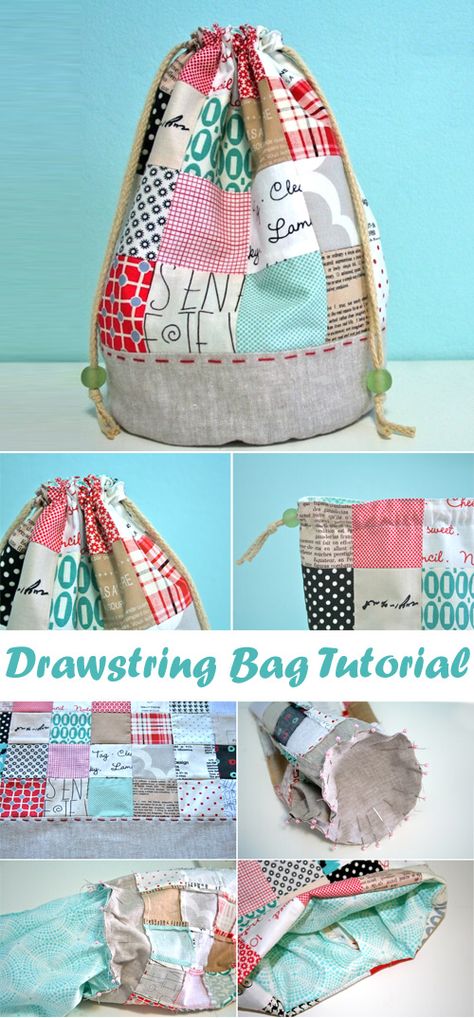 Patchwork Drawstring Bag Tutorial ~ DIY Tutorial Ideas! Make A Drawstring Bag, Drawstring Bag Tutorial, Drawstring Bag Tutorials, Small Knitting Projects, Patchwork Tutorial, Sac Diy, Tutorial Ideas, Crazy Patchwork, Beginner Sewing Projects Easy