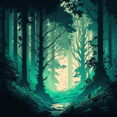 Blue Forest Illustration, Fantasy Deep Forest, Green Forest Illustration, Forest Painting Background, Creepy Forest Illustration, Mythical Forest Art, Black Forest Art, Dark Woods Illustration, Magical Woods Illustration