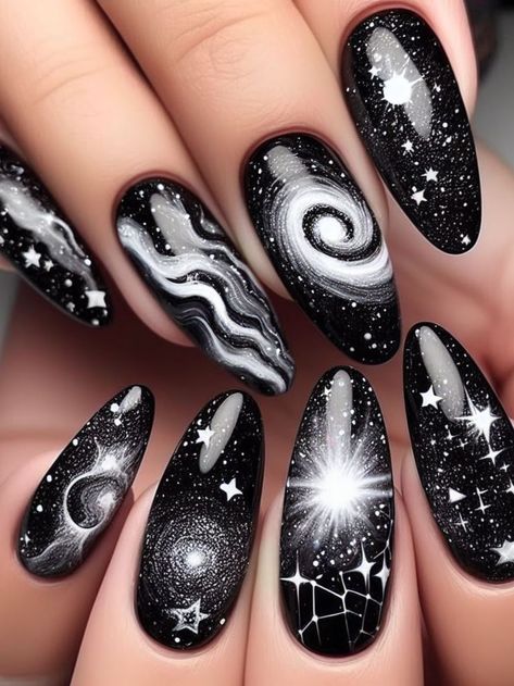 A dramatic black and white nail design inspired by the night sky, with swirling galaxies and twinkling stars for a celestial look Cats Eye Galaxy Nails, Star And Moon Nail Designs, Stars Nails Design, Bts Inspired Nails, White Spring Nails, Nail Galaxy, Universe Nails, Nerd Nails, Celestial Nails