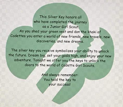 Girl Scout Swaps Ideas Easy, Key Printable, Girl Scout Bridging, Girl Scouts Cadettes, Silver Key Necklace, Girl Scout Activities, Girl Scout Juniors, Girl Scout Swap, Scout Activities