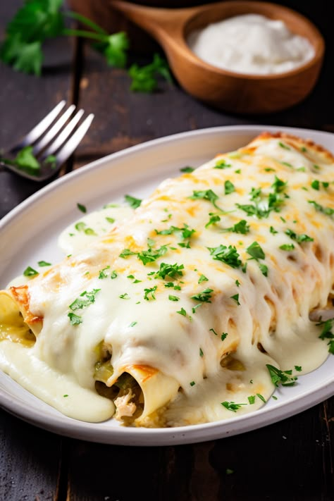 White Chicken Enchiladas Homemade White Sauce, White Chicken Enchiladas, Green Enchilada Sauce, 40th Birthday Party, Sauteed Veggies, Enchilada Recipes, Delish Recipes, White Sauce, White Chicken