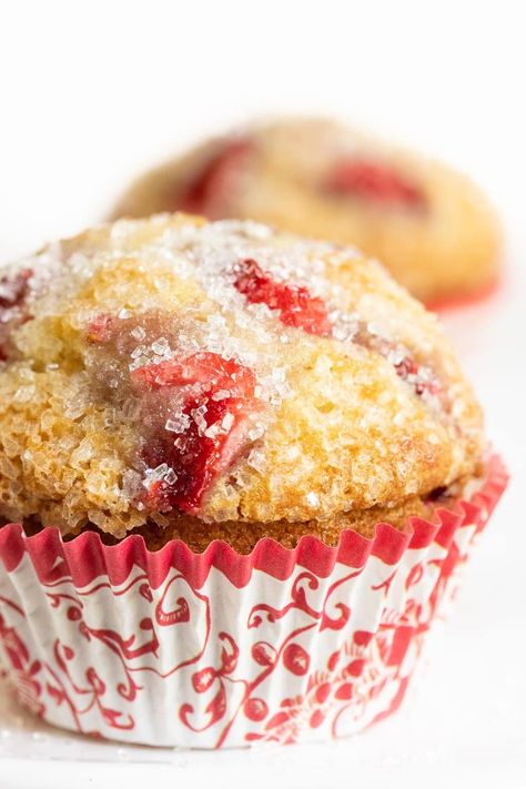 With a crunchy, raw sugar topping, a moist tender crumb and bits of delicious strawberries in every bite, these high-domed Fresh Strawberry Buttermilk Muffins are a no-fail hit, every time! #strawberrymuffins, #easymuffins, #buttermilkmuffins Fresh Strawberry Muffins, Buttermilk Muffins, Sweet Cherry Pie, Strawberry Muffins, Buttermilk Recipes, Cherry Cobbler, Raw Sugar, Cherry Pie Filling, Sweet Cherries