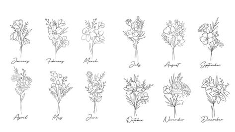 September Bouquet Tattoo, July Bouquet Tattoo, Name And Birth Flower Tattoo, September Flower Bouquet Tattoo, Floral Bouquet Tattoo Design, November And June Flower Tattoo, Fineline Flower Bouquet Tattoo, Fine Line September Flower Tattoo, Fine Line October Flower Tattoo