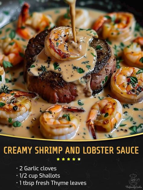 Steak With Shrimp Cream Sauce, Lobster Cream Sauce For Steak, Shrimp And Lobster Sauce, Steak With Shrimp And Lobster Sauce, Steak And Lobster Tail Dinner, Steak And Lobster Dinner, Lobster Sauce, Roasted Beef, Mignon Steak