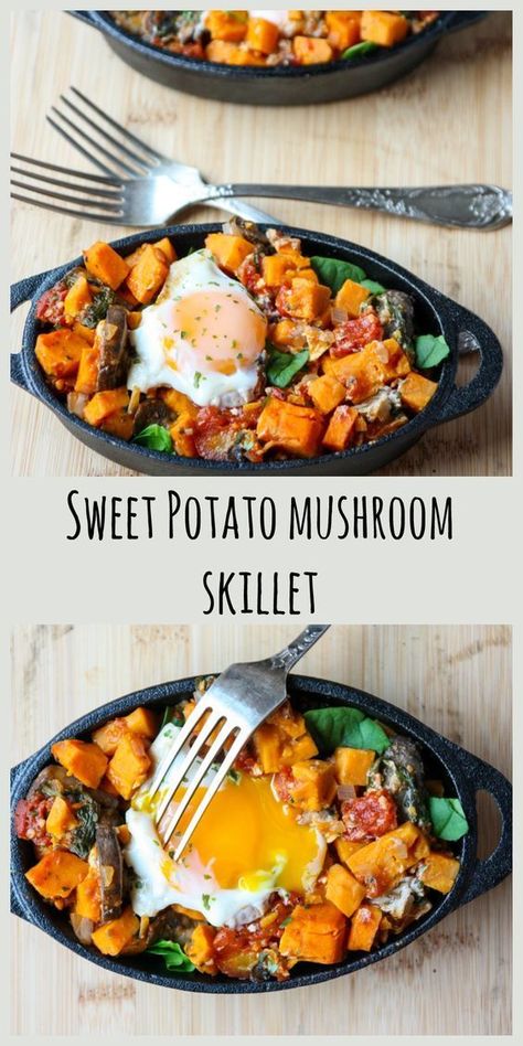 Sweet Potato Mushroom Skillet With Egg | The Food Blog Potato Egg Skillet, Yams Vs Sweet Potatoes, Sweet Potato And Mushroom, Potato Mushroom Recipe, Sweet Potato Mushroom, Potato And Mushroom, Mushroom Skillet, Sweet Potato Nutrition, Sweet Potato Egg