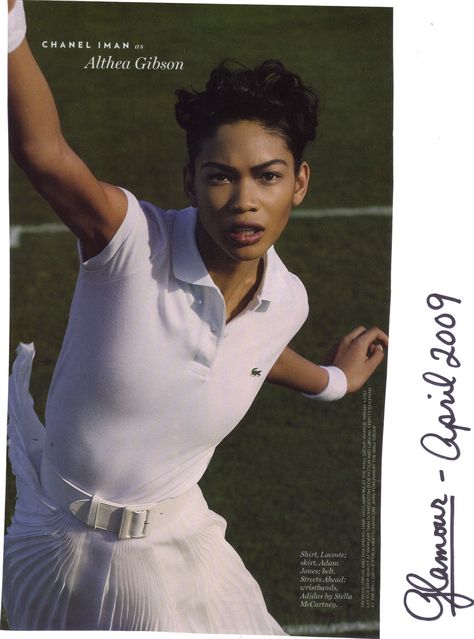 Chanel Iman as Althea Gibson - Glamour April 2009 Tennis Attire, Wisdom Of Solomon, Althea Gibson, Tennis Dresses, Johnny Mathis, Chanel Iman, American Icons, White Polo, Serena Williams