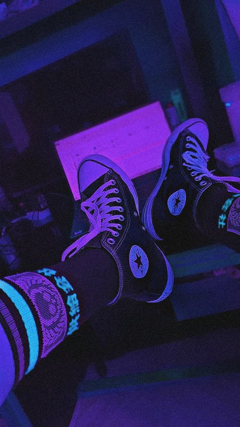 Neon Skater Aesthetic, Soft Punk Aesthetic, Killjoy Oc, Neon Converse, Converse Wallpaper, Jinx Aesthetic, Shoes Advertisement, Nike Shopping, Purple Aesthetics