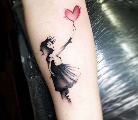 Balloon Girl by streetart artist Banksy, perfect black and red watercolor tattoo style done by tattoo artist Claudia Denti | Post 24985 | World Tattoo Gallery - Best place to Tattoo Arts Banksy Tattoo, Balloon Tattoo, Father Tattoos, Tattoo Watercolor, Remembrance Tattoos, Dad Tattoos, World Tattoo, Style Tattoo, Large Tattoos