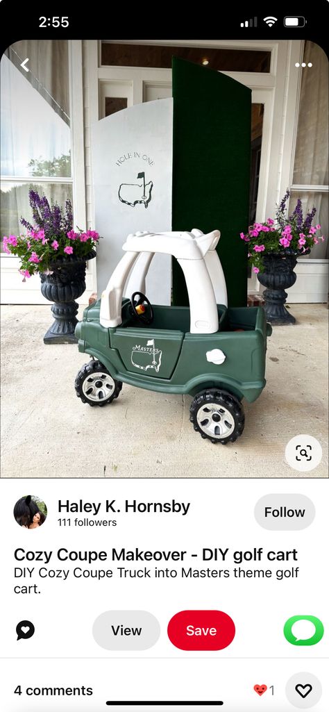 Cozy Coupe Golf Cart, Little Tikes Truck Makeover, Cozy Coupe Truck, Cozy Coupe Makeover, Baby First Birthday Themes, Golf Diy, Golf Birthday Party, Golf Theme, Golf Birthday