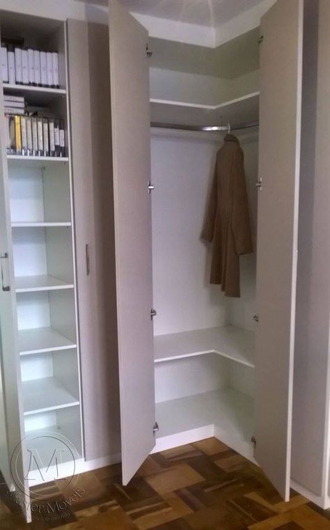 Corner Wardrobe Design, Corner Wardrobe Ideas, L Shaped Wardrobe, Ikea Pax Corner, Dressing Angle, Wardrobe Internal Design, Corner Wardrobe Closet, Corner Closet, Small Closet Space