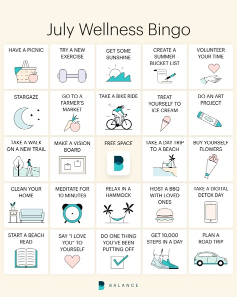 Summer Wellness Activities | The Balance App Bullet Journal Bingo, Journal Bingo, Wellness Bingo, Bingo Ideas, Summer Wellness, Summer Bingo, Detox Day, Bingo For Kids, Start A New Life